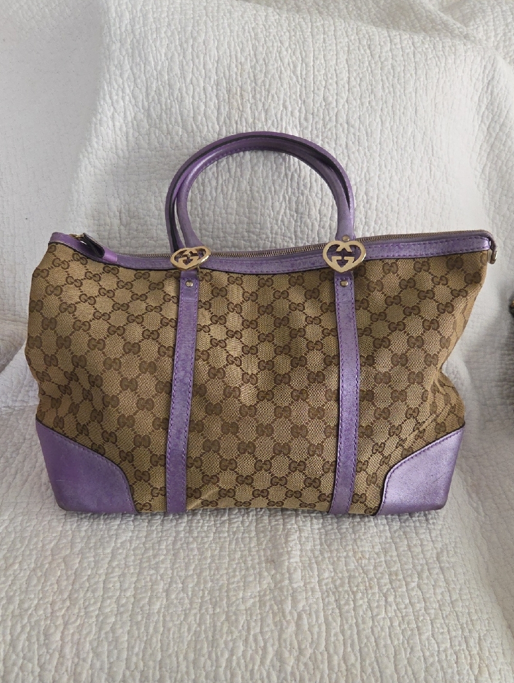 Gucci Brown GG Canvas Tote with Purple Leather Accents